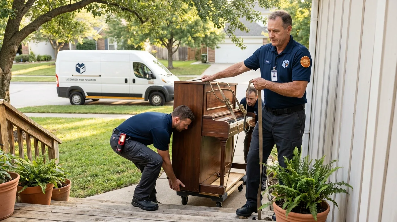 Licensed piano movers securing grand piano in Elon, NC