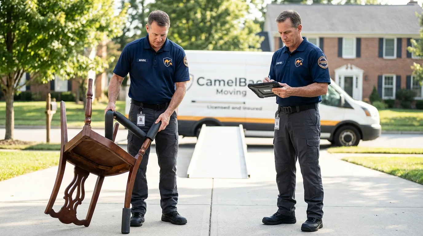 Movers inspecting furniture for damage prevention before loading in Elon, NC